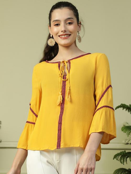 women yellow solid tie up neck regular top - 21992522 - Standard Image - 0