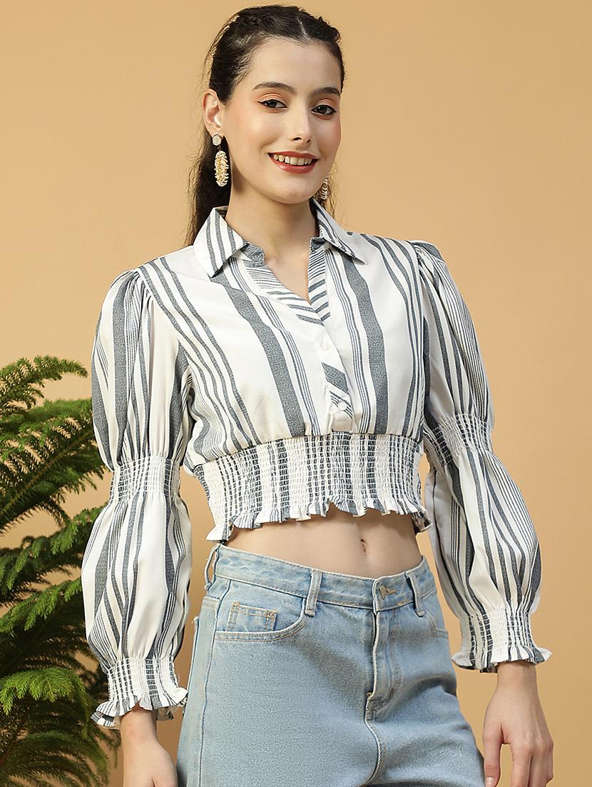 women white collared puff sleeve crop top - 21992528 -  Standard Image - 1