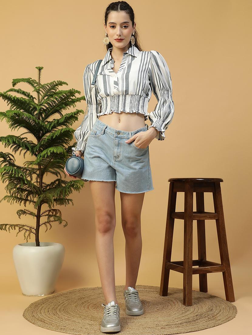 women white collared puff sleeve crop top - 21992528 - Standard Image - 4