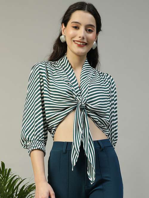 women striped puff sleeve tie-up crop top - 21992530 - Standard Image - 0