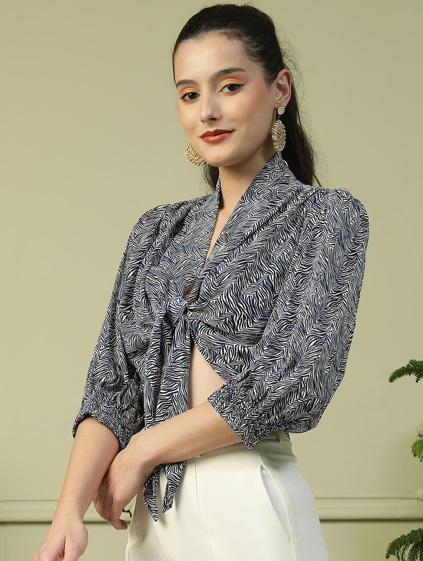 women abstract print puff sleeve tie-up crop trop - 21992531 -  Standard Image - 1