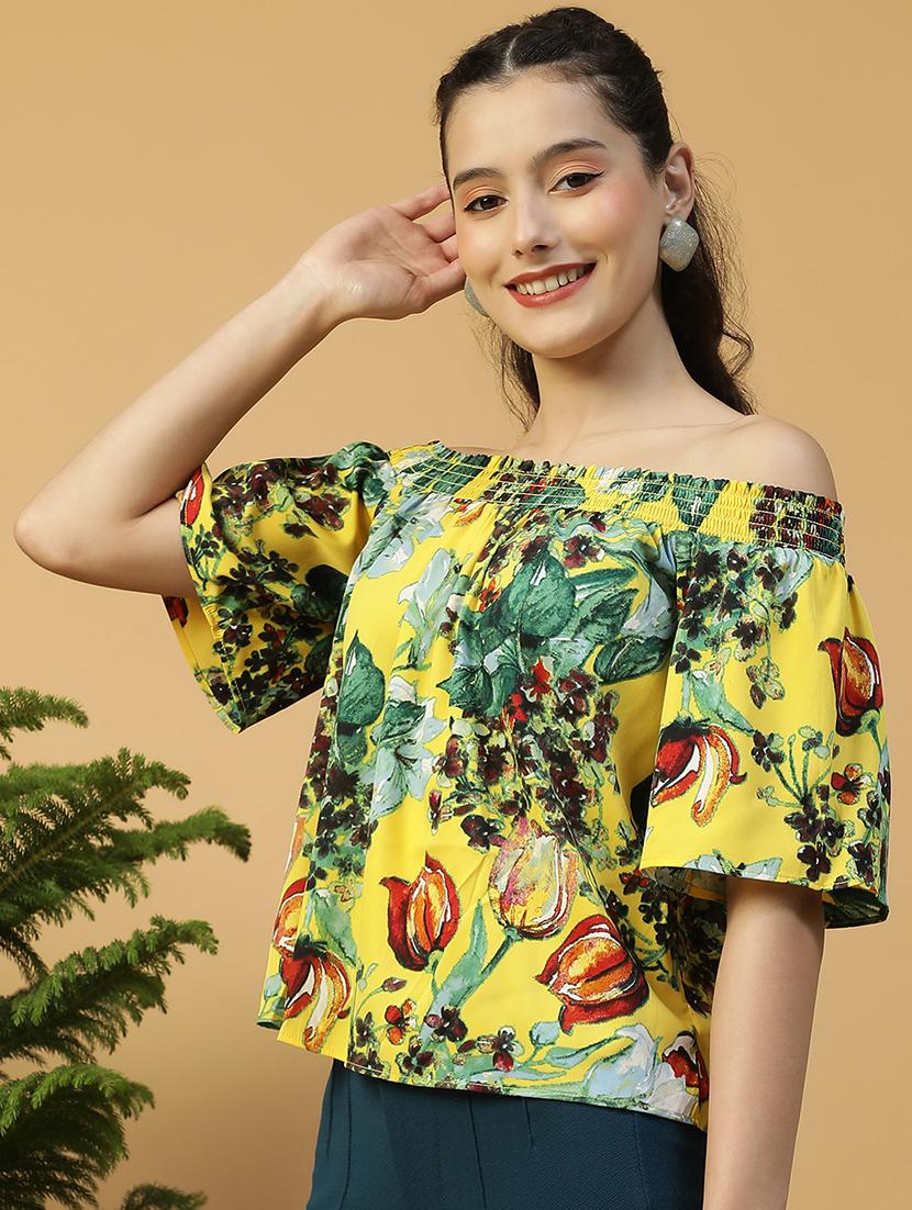 women yellow printed off shoulder regular top - 21992535 - Standard Image - 1