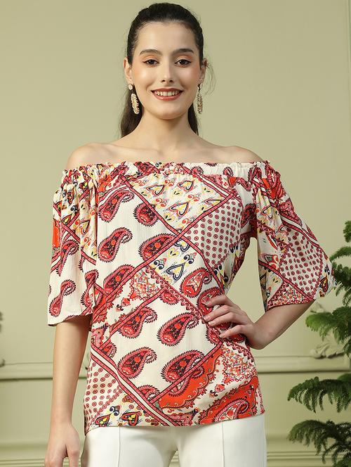 women printed off shoulder regular top - 21992537 - Standard Image - 0