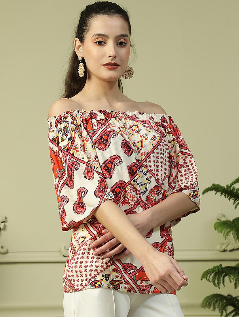 women printed off shoulder regular top - 21992537 - Standard Image - 1