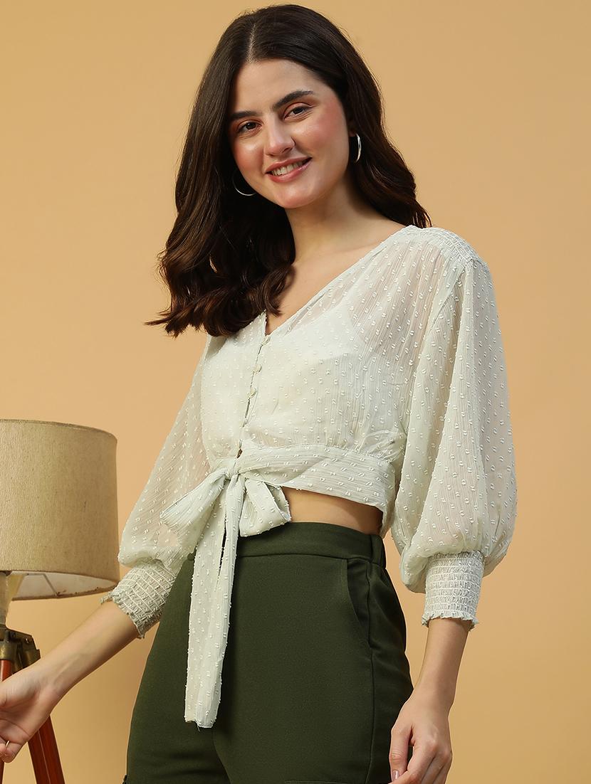 women self designed puff sleeve front tie crop top - 21992539 - Standard Image - 1