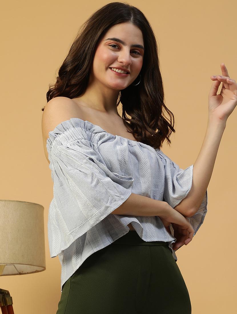 women striped off shoulder flared sleeve crop top - 21992540 - Standard Image - 1