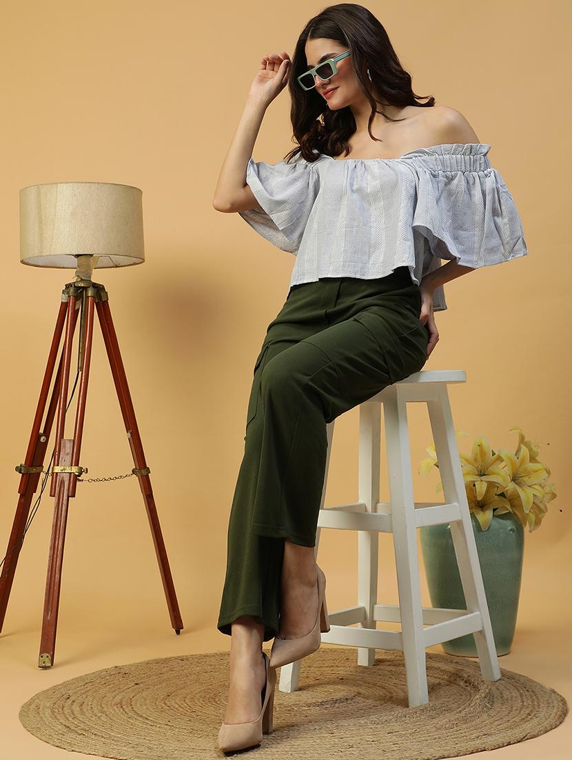 women striped off shoulder flared sleeve crop top - 21992540 - Standard Image - 6