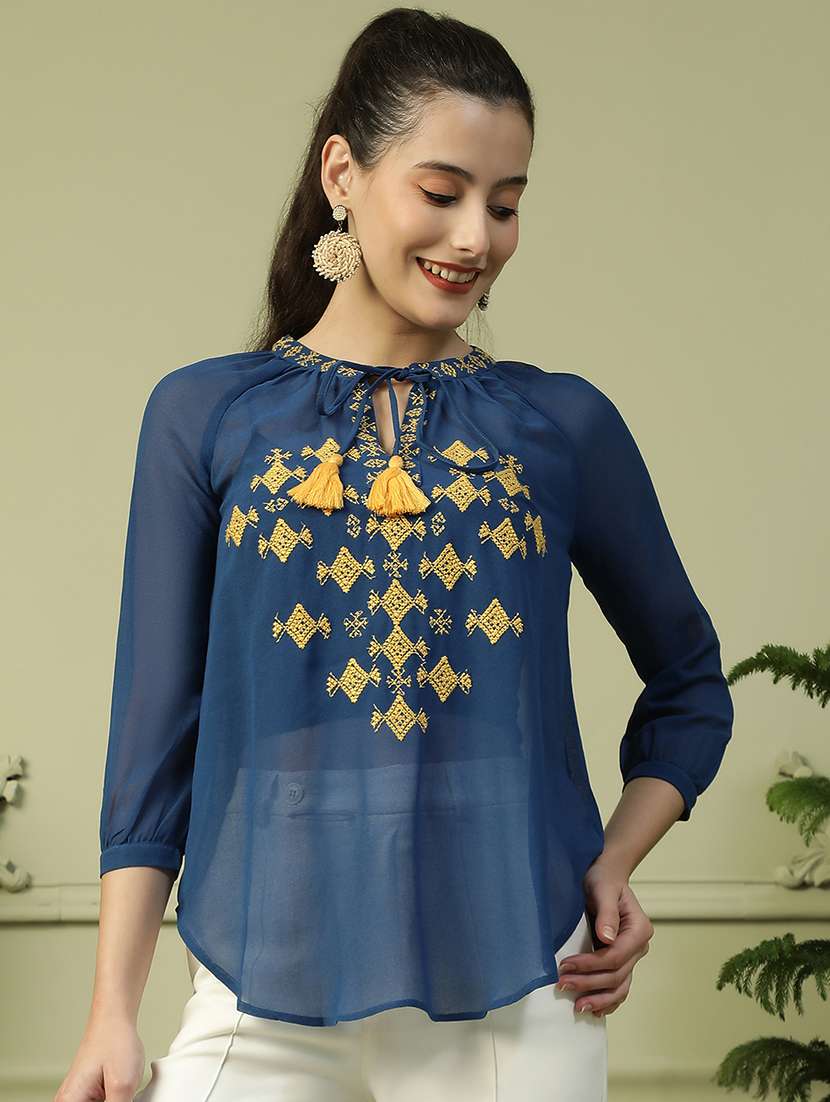 women embroidered tie up neck sheer top