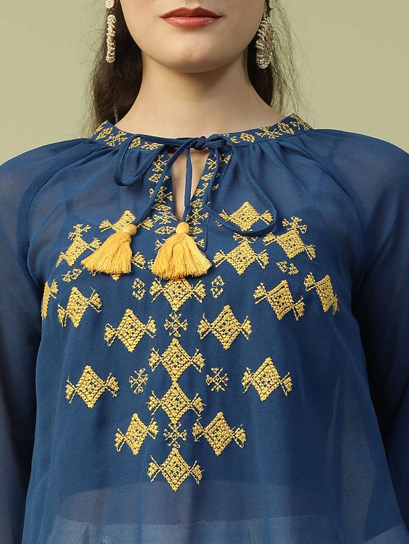 women embroidered tie up neck sheer top - 21992543 - Standard Image - 4