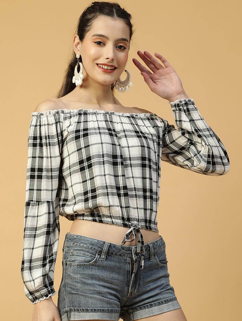 women checkered off shoulder crop top - 21992544 - Standard Image - 1
