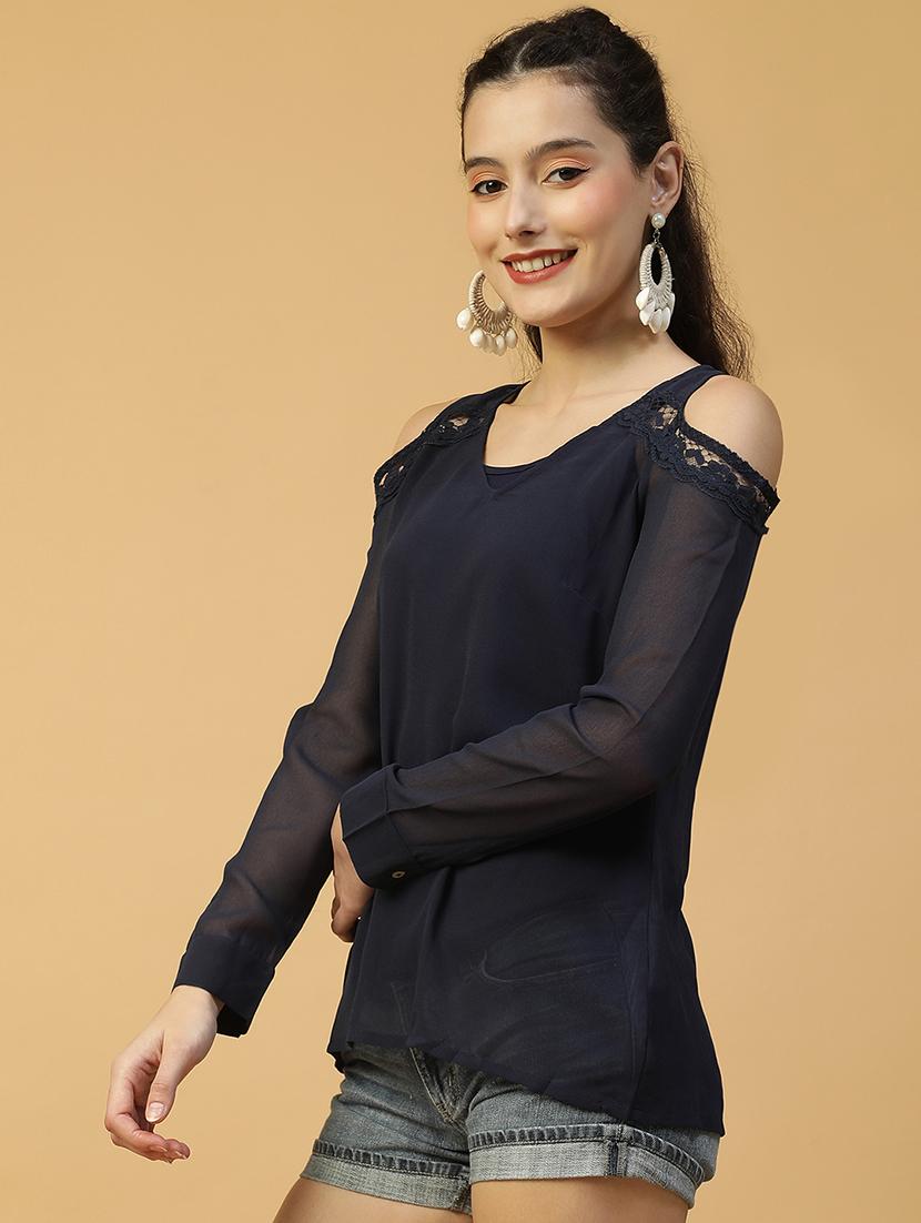 women solid cold shoulder regular top - 21992548 - Standard Image - 1