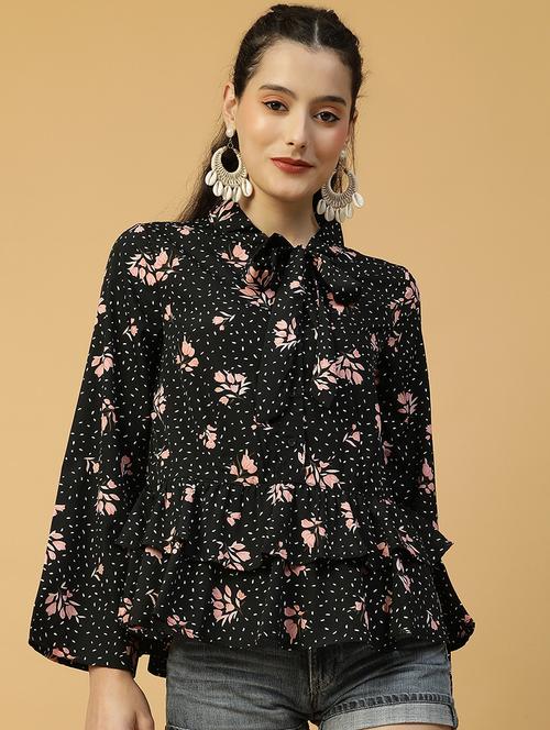 womenfloral print tie-up neck bell sleeve flared top - 21992553 -  Standard Image - 0