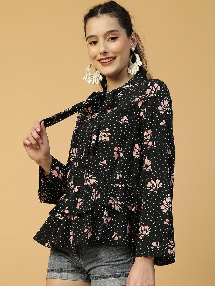womenfloral print tie-up neck bell sleeve flared top - 21992553 -  Standard Image - 1