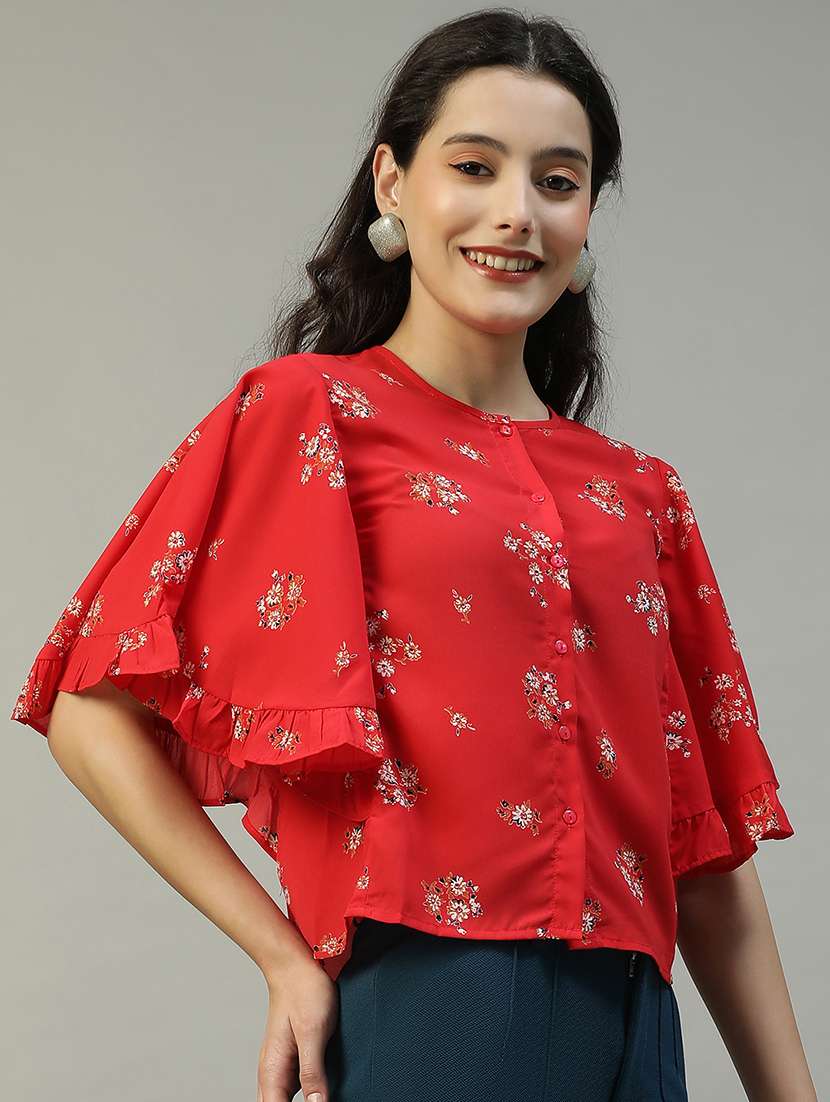 women floral print flared sleeve crop top - 21992555 -  Standard Image - 1