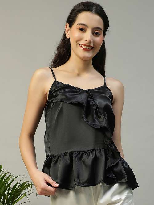 women black solid shoulder strap night tee