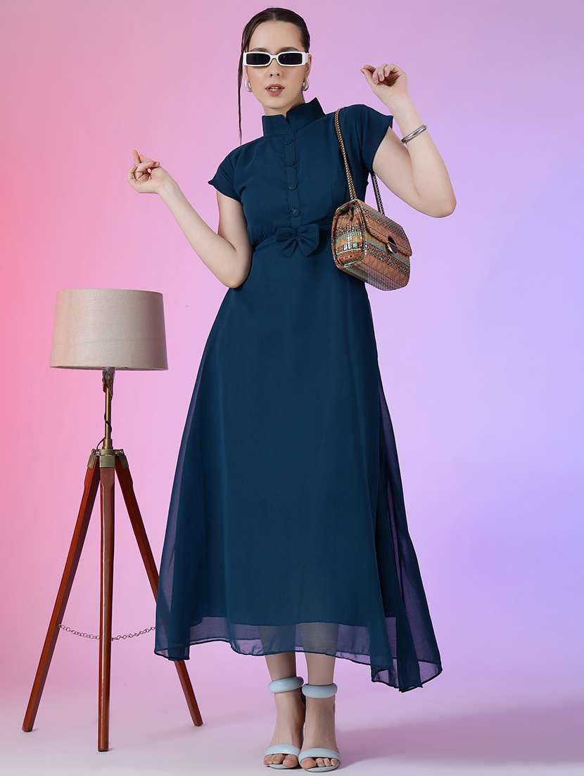 women solid cap sleeve fit & flare maxi dress