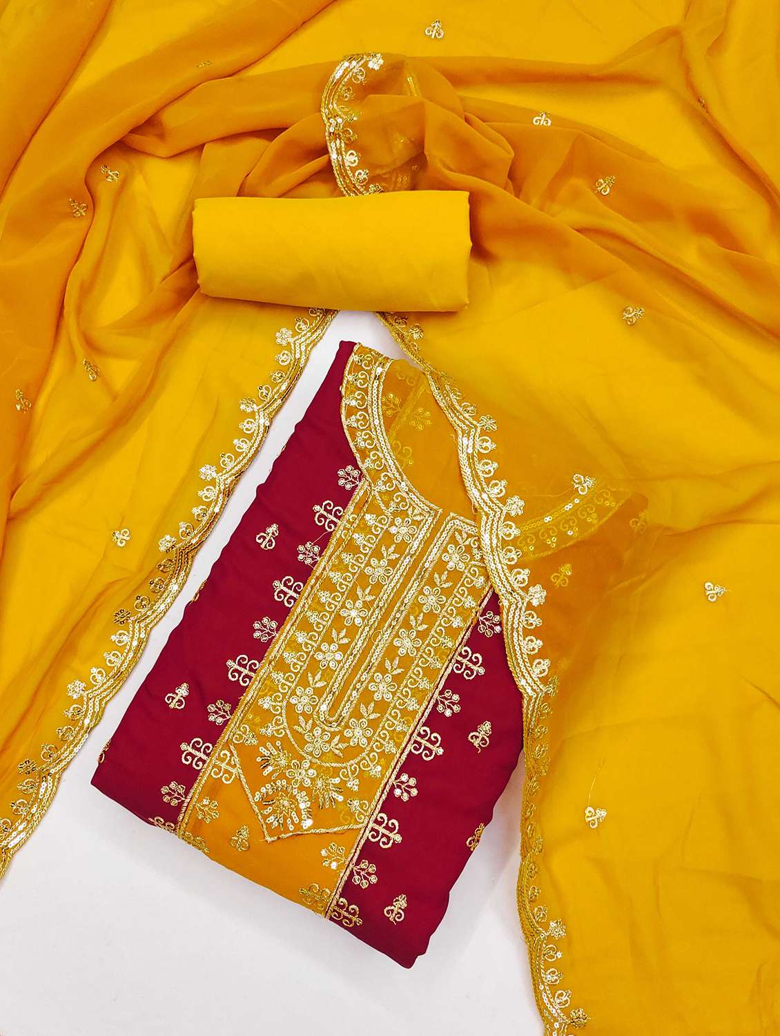 women color block embroidered unstitched suit set - 21992625 -  Standard Image - 1