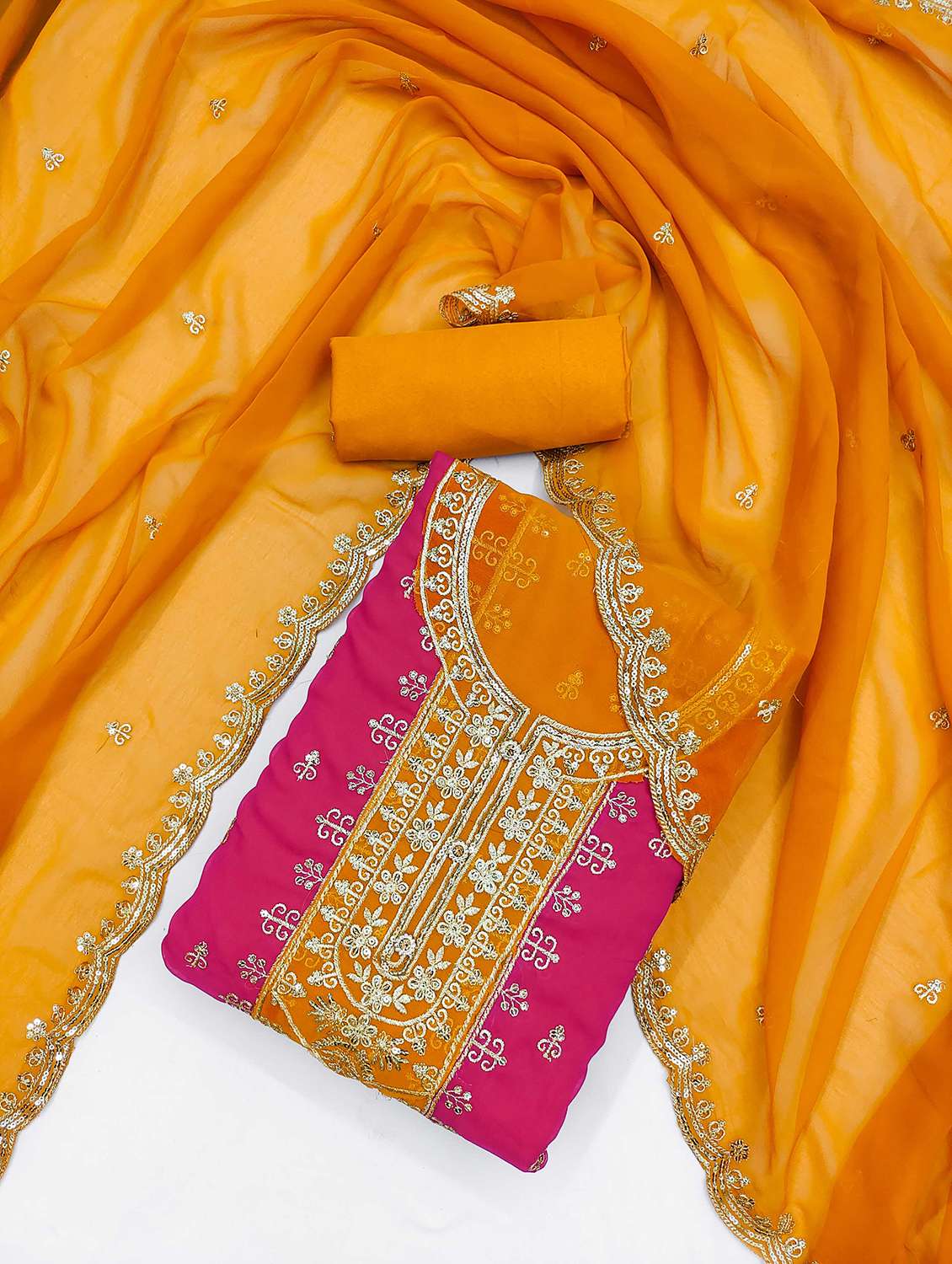 women color block embroidered unstitched suit set - 21992629 -  Standard Image - 1