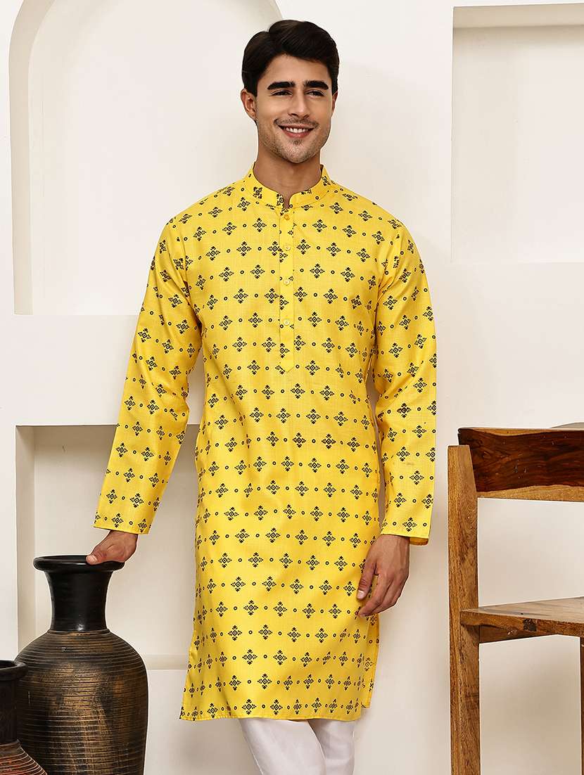 men printed mandarin neck long kurta