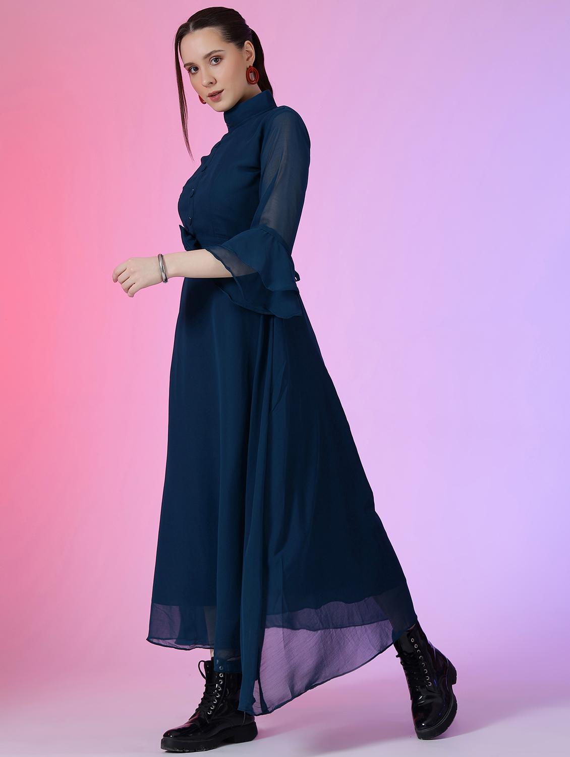 women solid mandarin neck fit & flare maxi dress - 21992640 - Standard Image - 1