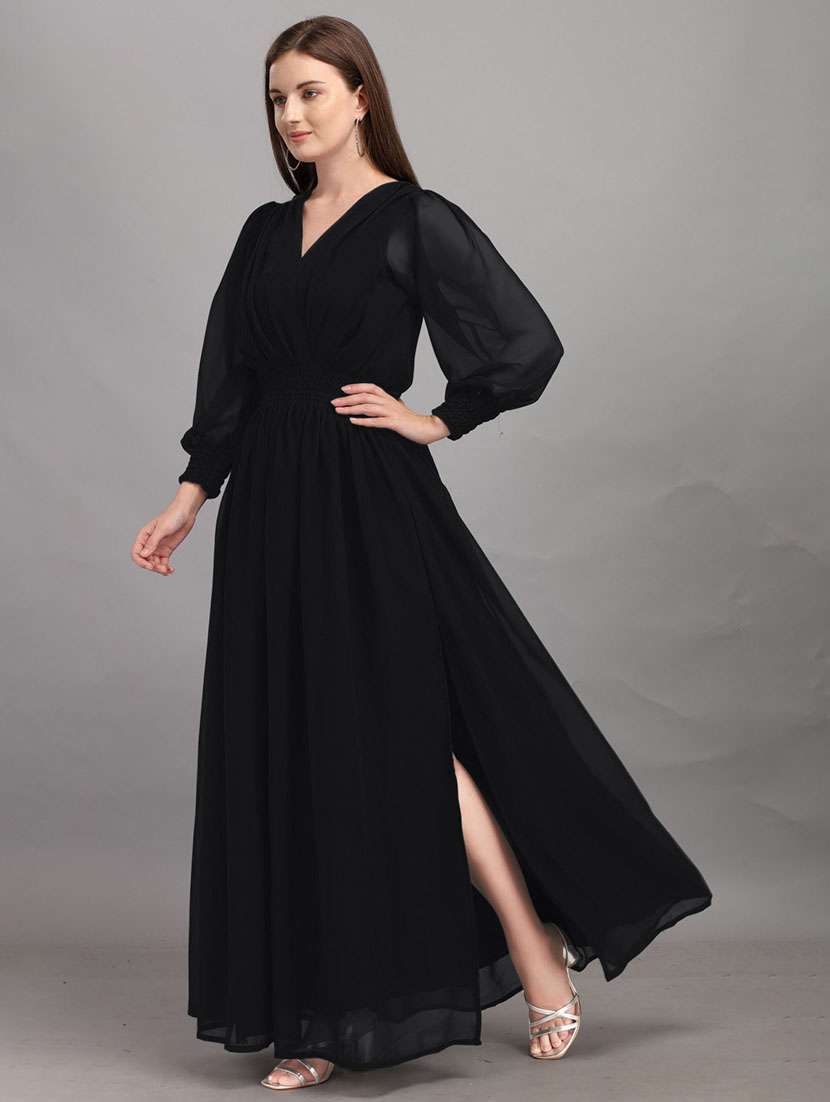 women solid puff sleeve fit & flare maxi dress - 21992647 -  Standard Image - 1
