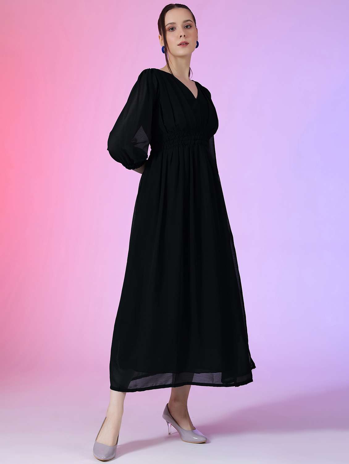 women solid puff sleeve fit & flare maxi dress - 21992659 -  Standard Image - 1