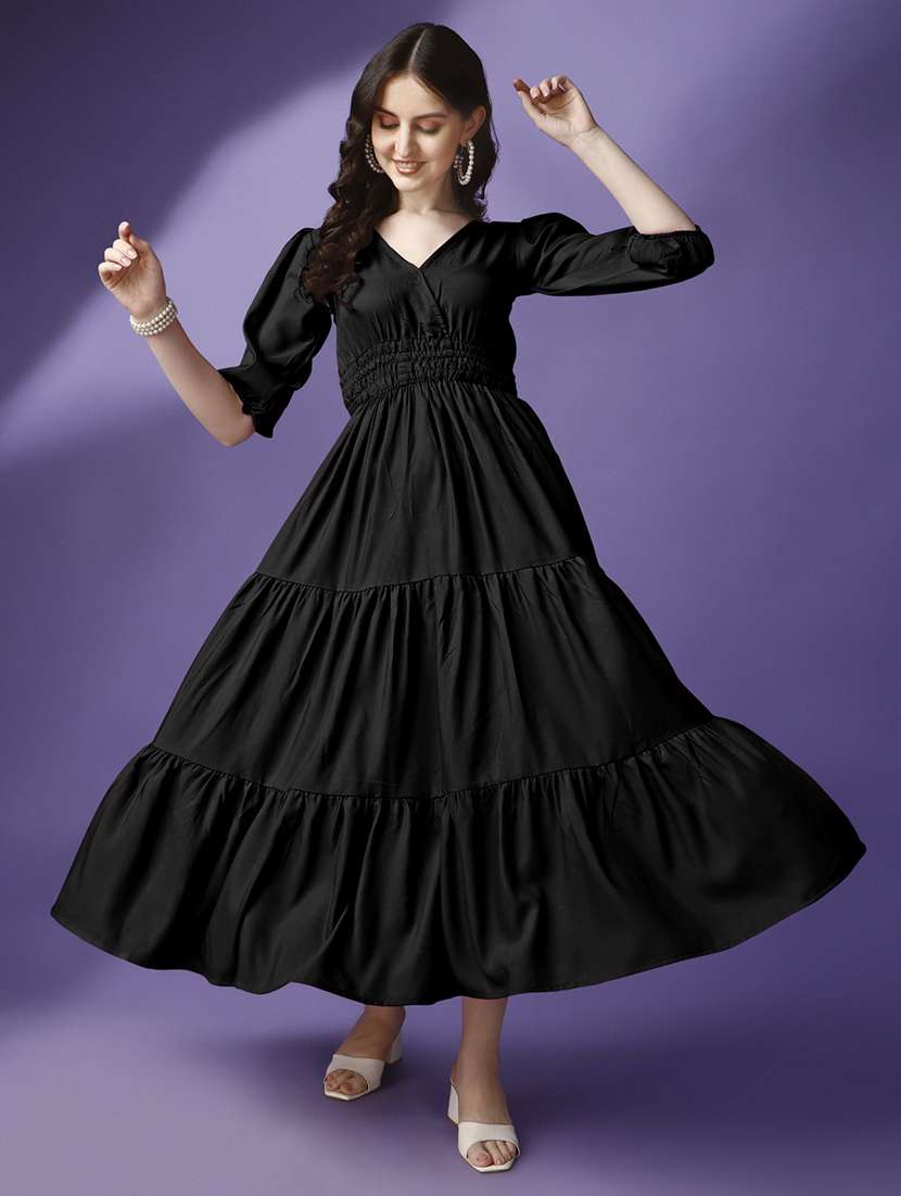 women solid puff sleeve tiered maxi dress