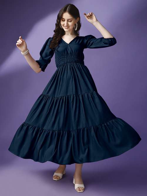 women solid puff sleeve tiered maxi dress - 21992682 -  Standard Image - 0