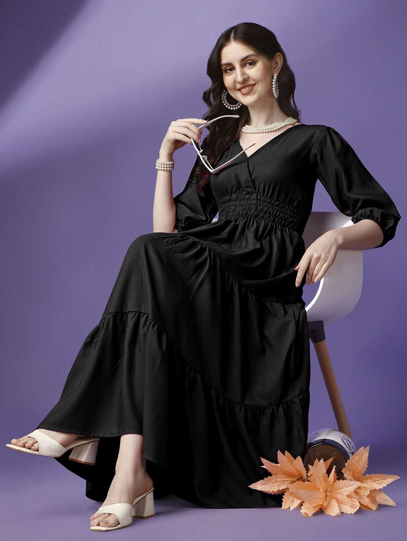women solid puff sleeve tiered maxi dress - 21992683 - Standard Image - 1