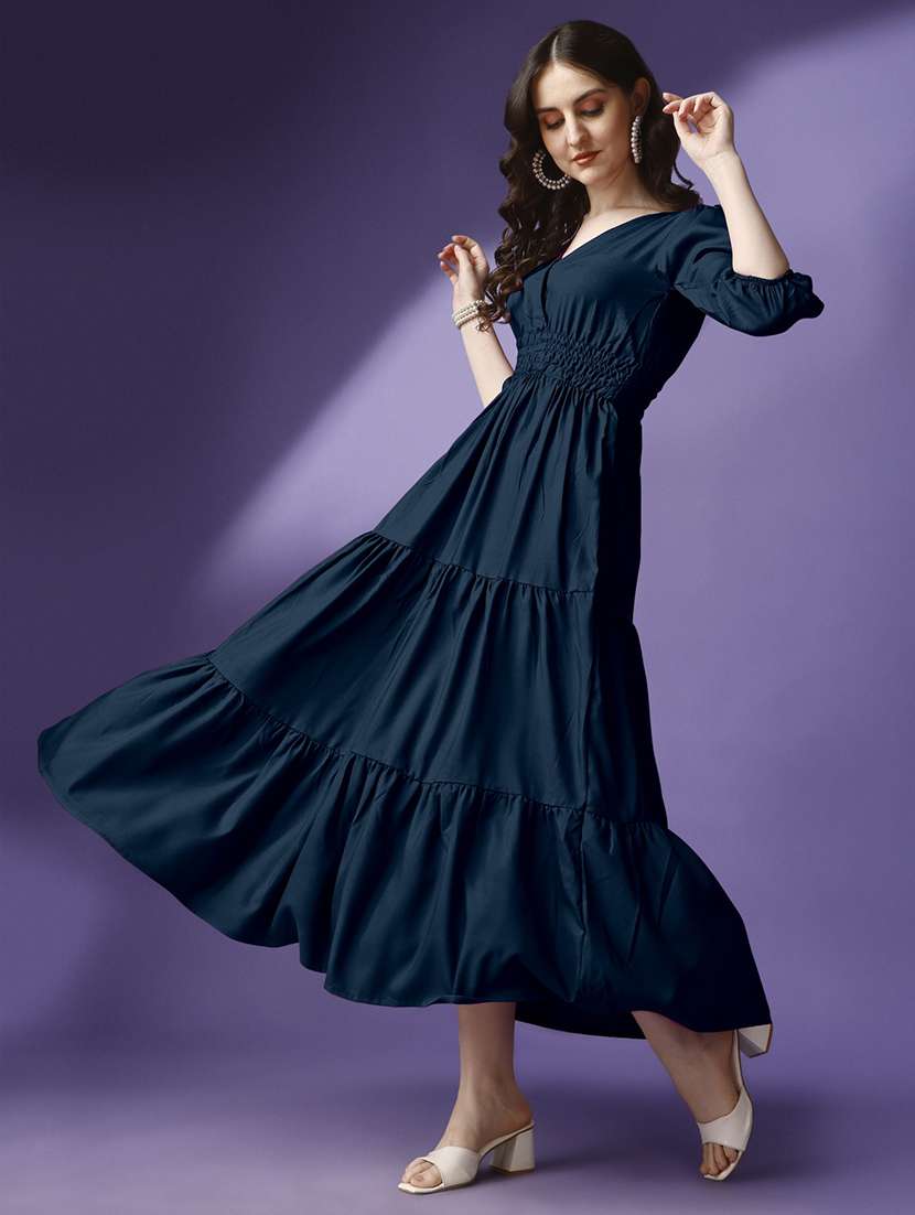 women solid puff sleeve tiered maxi dress