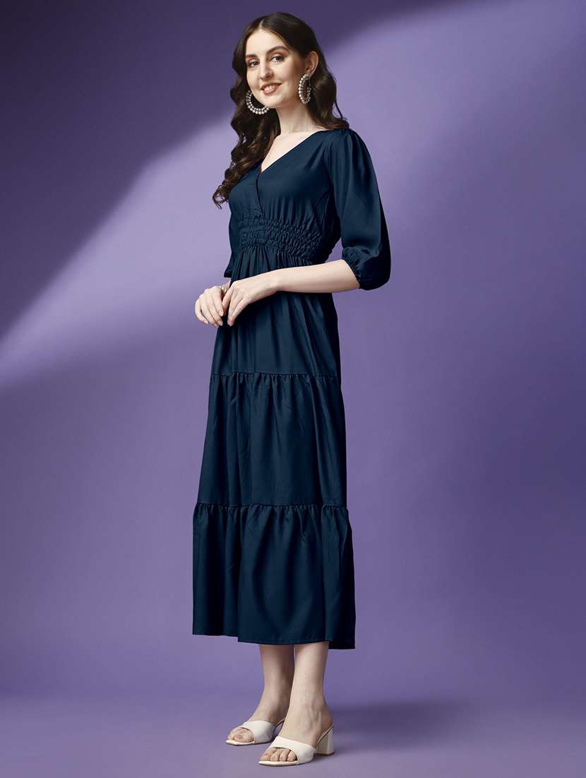women solid puff sleeve tiered maxi dress - 21992684 - Standard Image - 1
