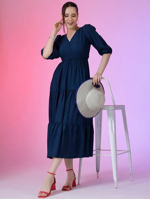 blue crepe fit & flare dress - 21992686 -  Standard Image - 0