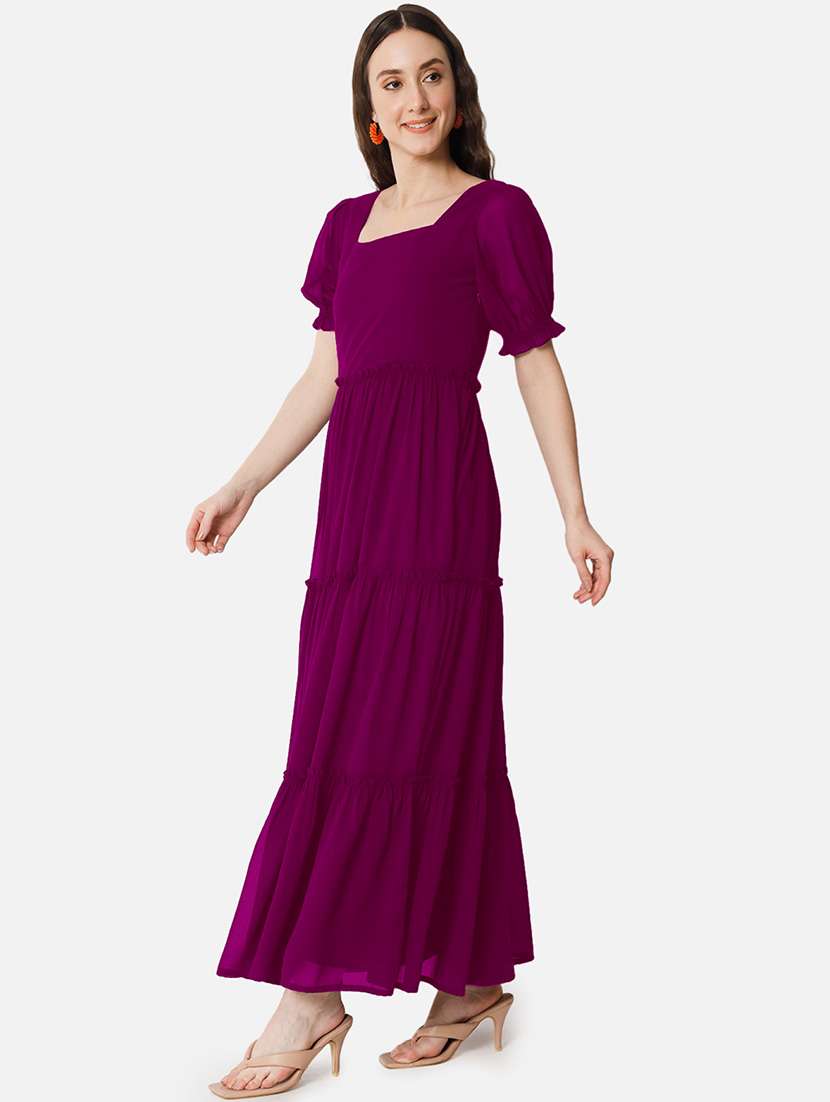 women solid puff sleeve tiered maxi dress - 21992711 - Standard Image - 1