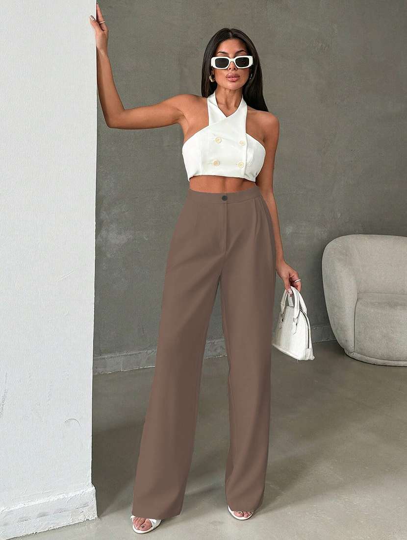 women solid high rise straight trouser - 21993153 - Standard Image - 4
