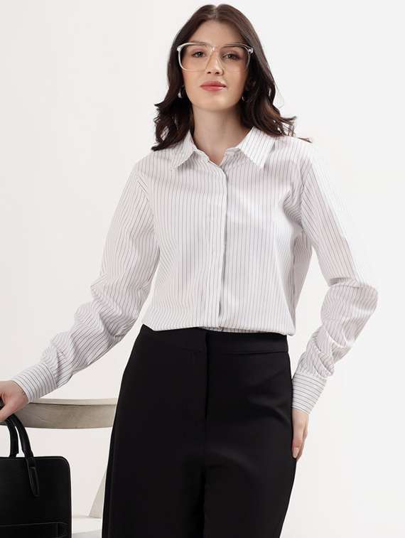 women striped collared long sleeve shirt