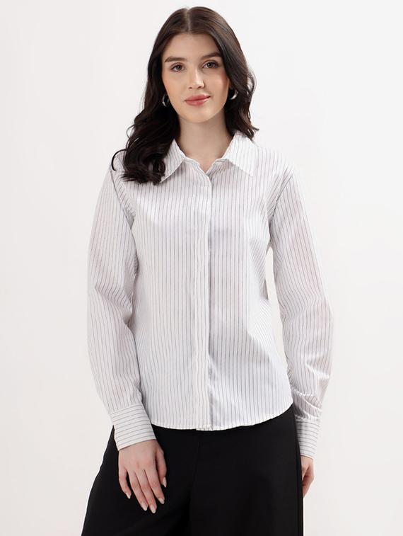 women striped collared long sleeve shirt - 21993336 -  Standard Image - 1