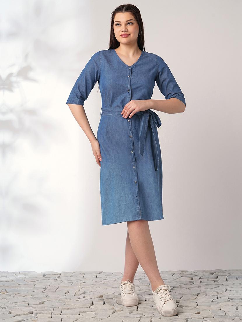 women solid short sleeve denim a-line dress - 21993339 - Standard Image - 1