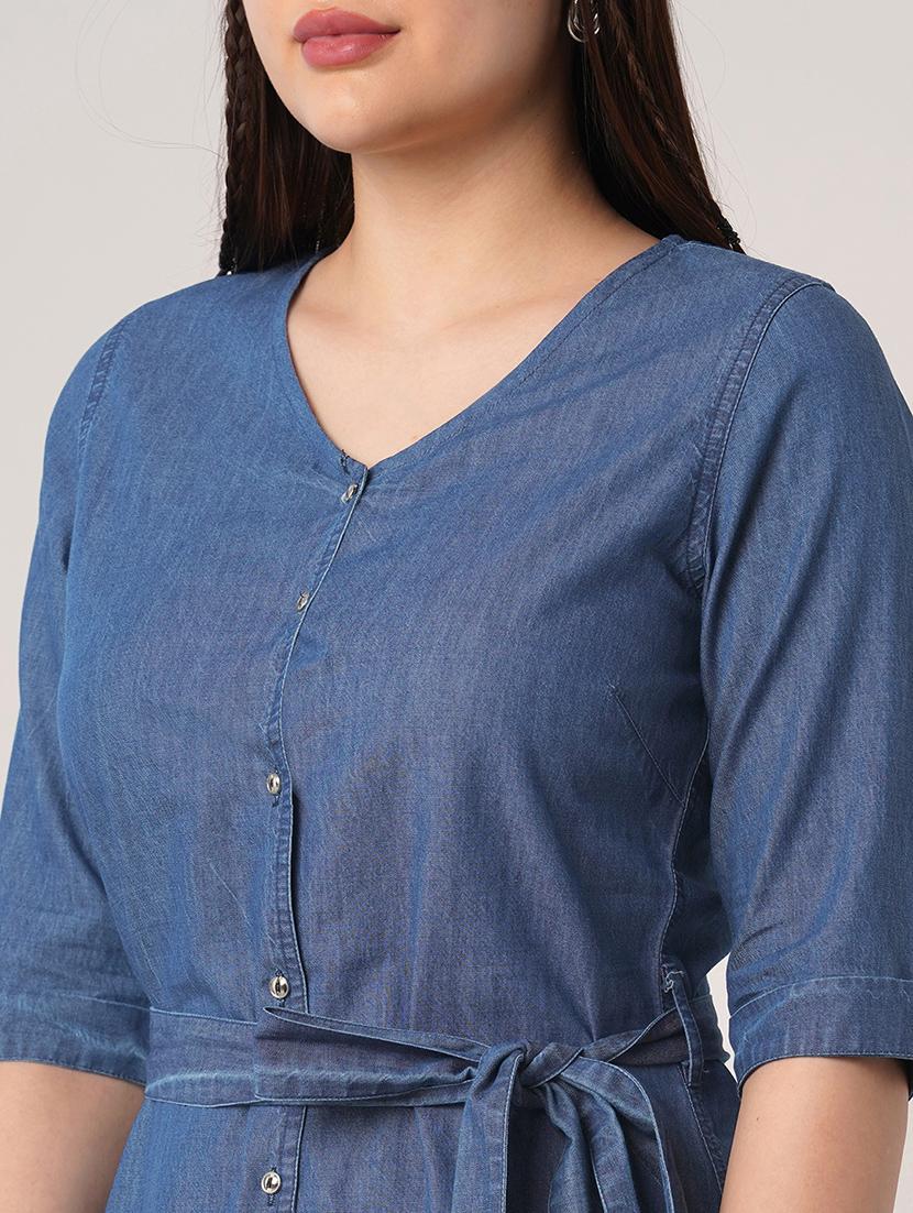 women solid short sleeve denim a-line dress - 21993339 - Standard Image - 4