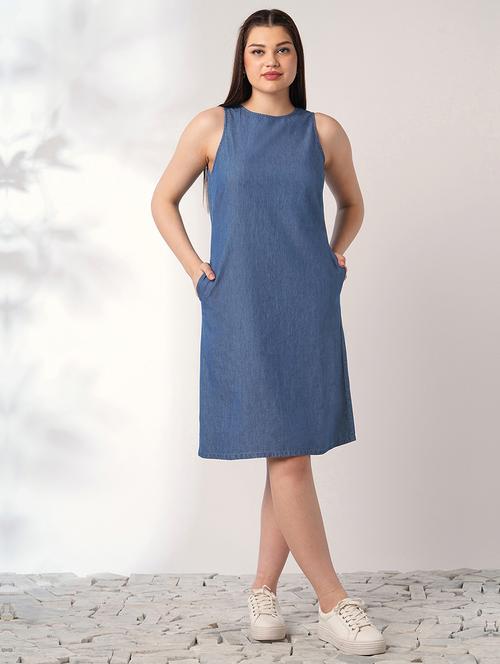 women solid sleeveless denim a-line dress - 21993340 - Standard Image - 0