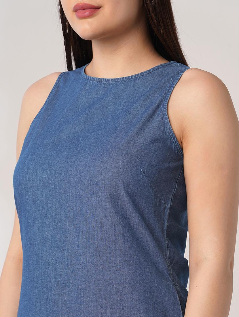 women solid sleeveless denim a-line dress - 21993340 - Standard Image - 4