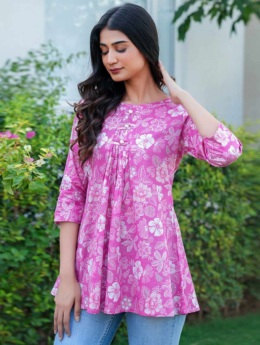 women floral print three quarter sleeve a-line kurti - 21993619 -  Standard Image - 1