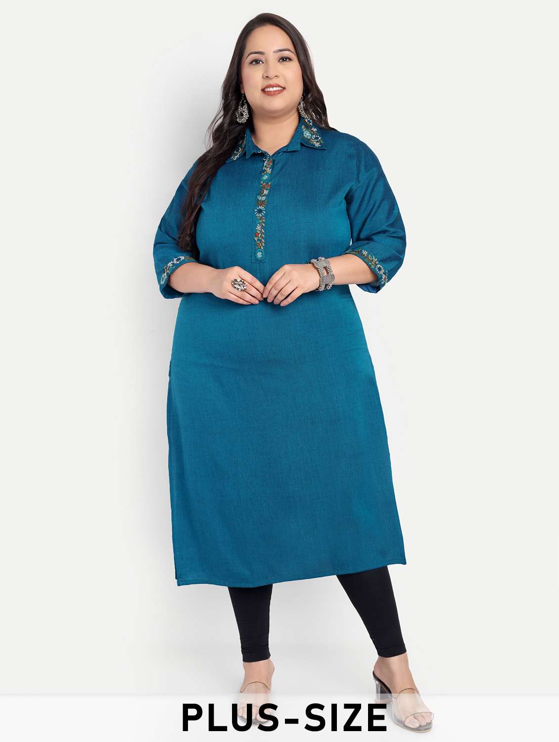 women plus size embroidered collared straight kurta