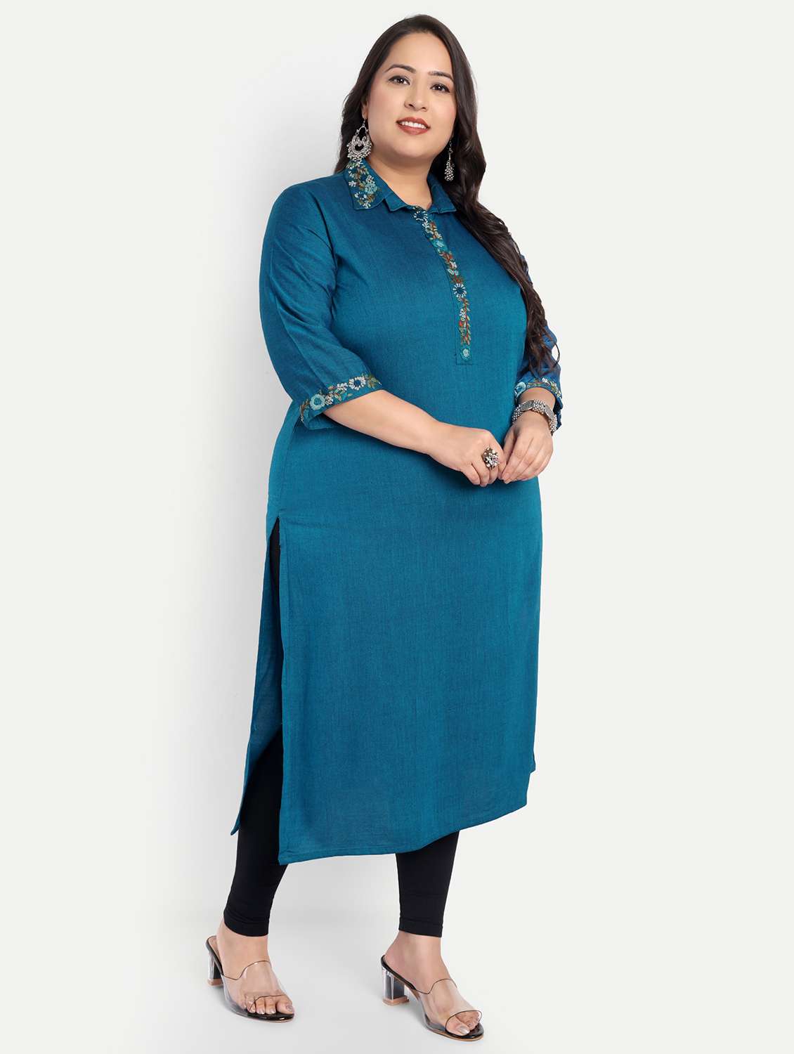 women plus size embroidered collared straight kurta - 21993623 -  Standard Image - 1