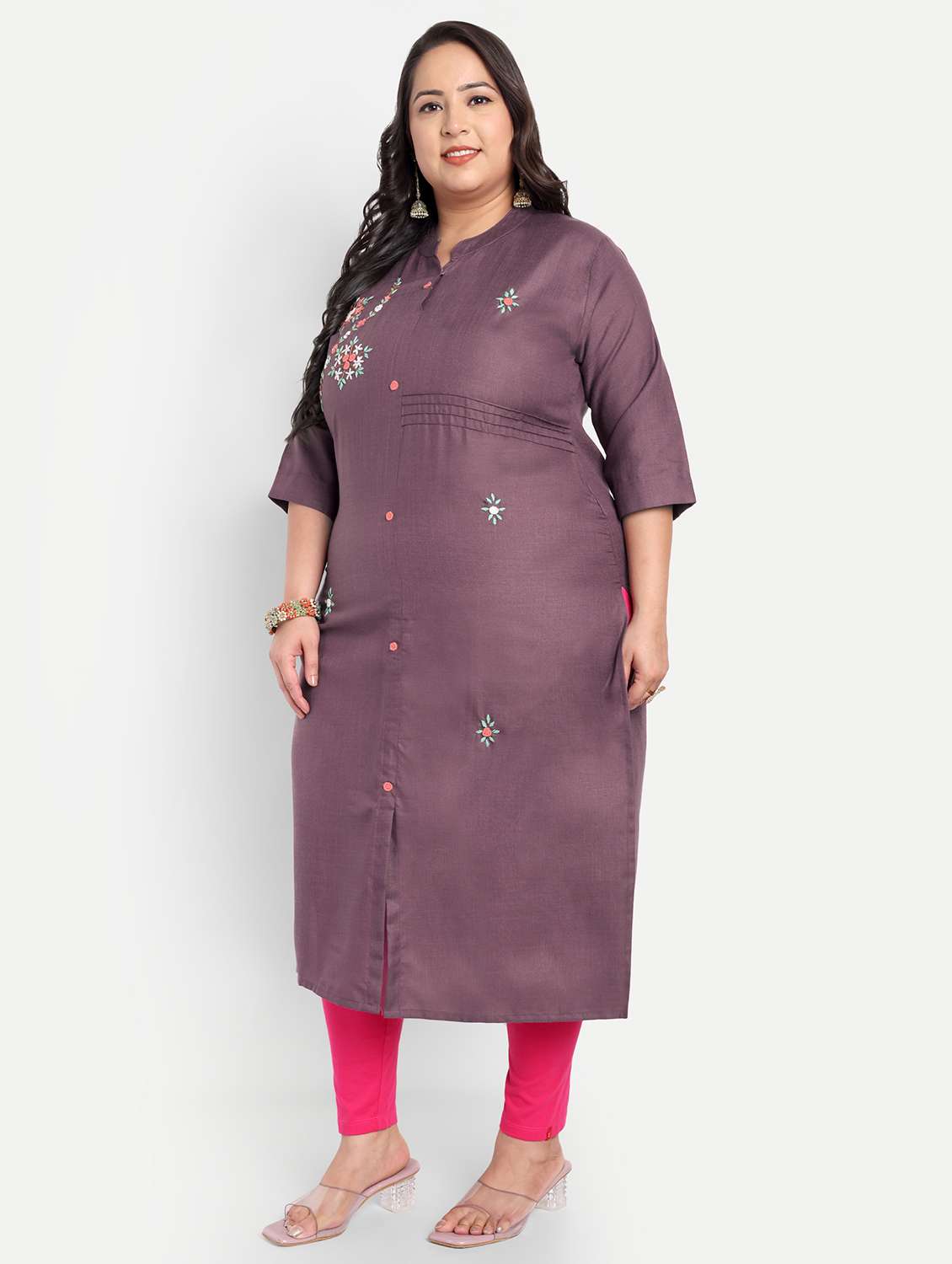 women plus size embroidered mandarin collar straight kurta - 21993625 -  Standard Image - 1