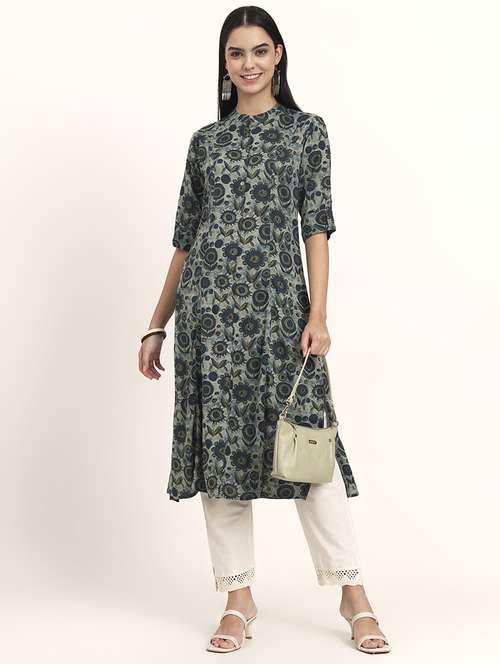 women floral three quarter sleeve a-line kurta - 21993649 -  Standard Image - 0