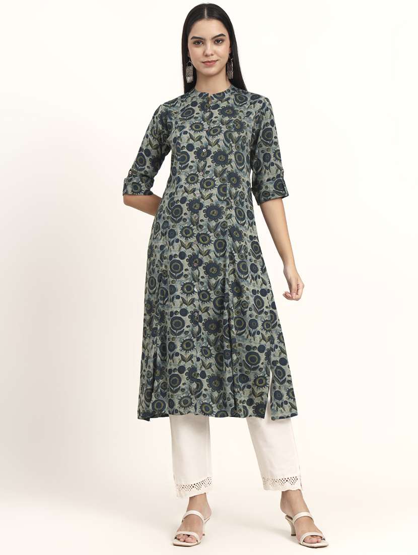 women floral three quarter sleeve a-line kurta - 21993649 -  Standard Image - 1