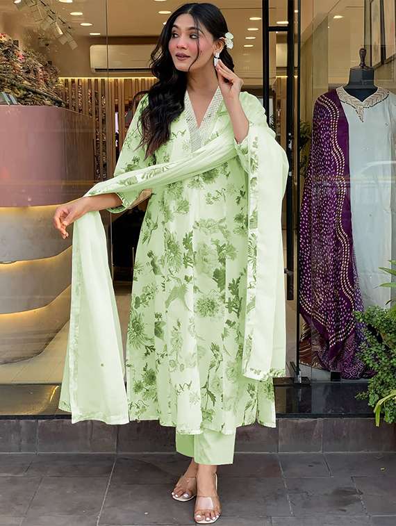 women floral three quarter sleeve kurta pant with dupatta set - 21993706 -  Standard Image - 1
