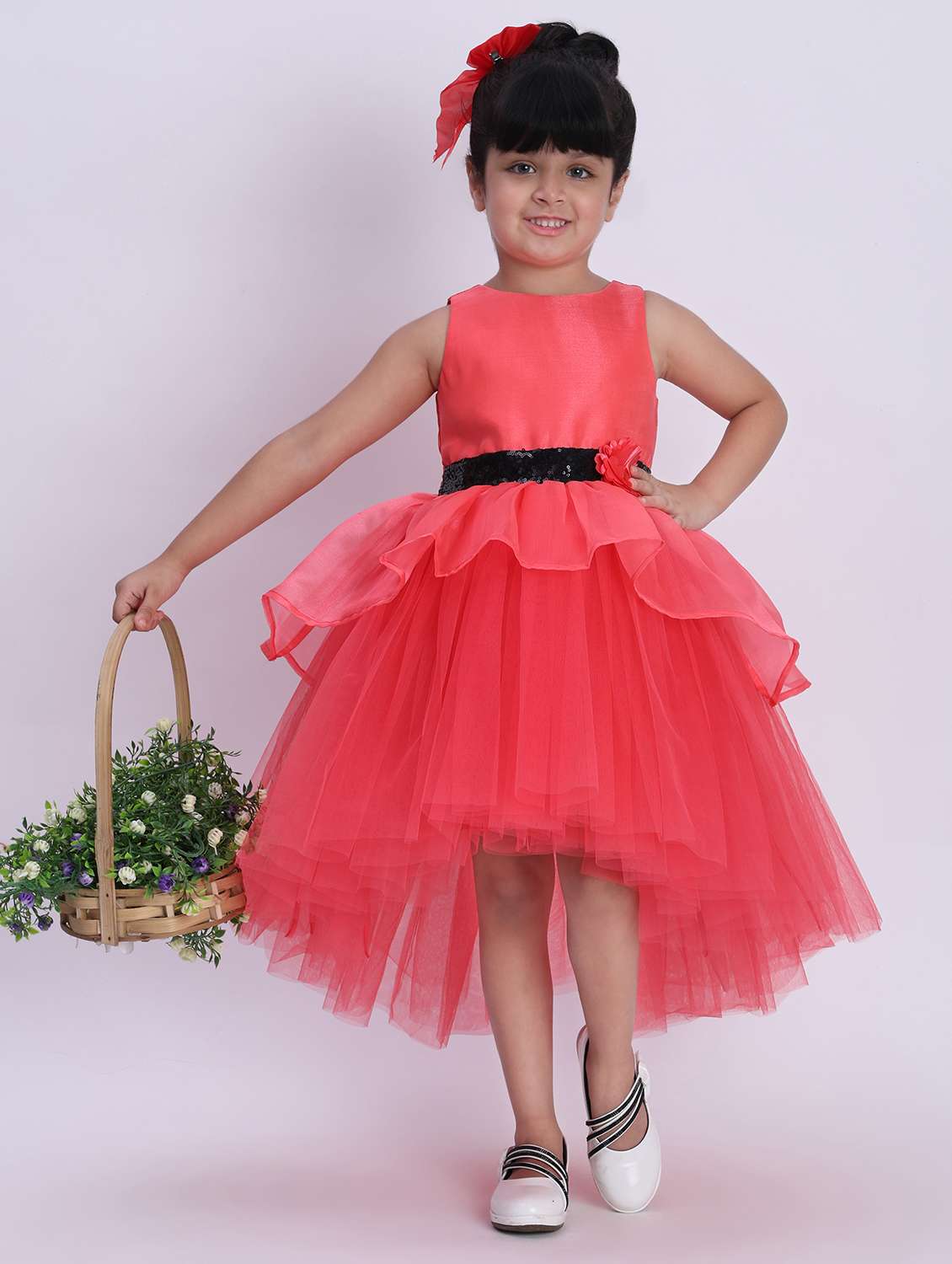 girls coral tiered party wear dress - 21993769 -  Standard Image - 1