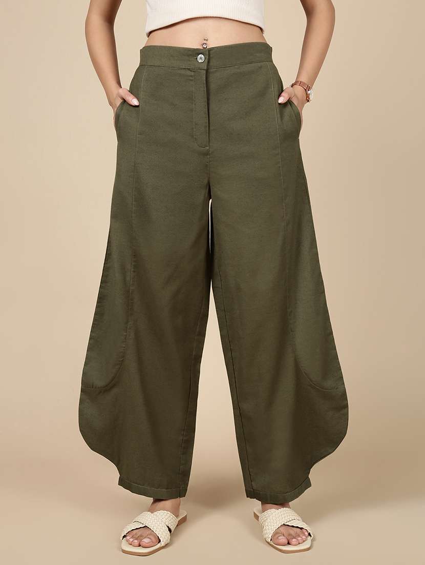 women solid mid rise wide leg trouser