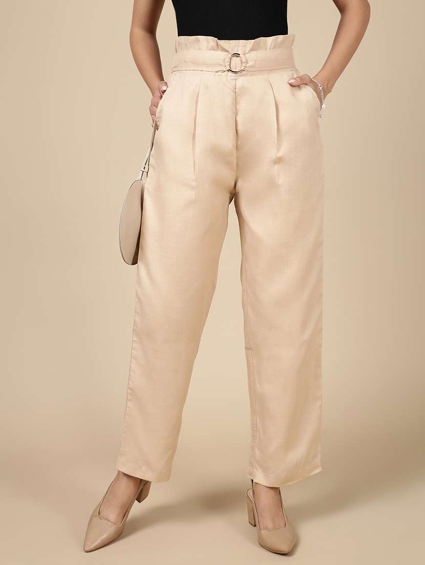 women solid high rise straight trouser
